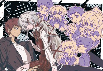 1boy 1girl blush breasts closed_mouth commentary_request dress emiya_shirou fate/stay_night fate_(series) gaoyue_jixiang hair_between_eyes highres igote long_hair looking_at_viewer multicolored_hair oc_x_canon orange_hair original red_eyes smile twintails very_long_hair white_hair