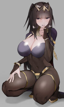 1girl absurdres bad_id bad_pixiv_id biting_hand black_eyes black_hair bodystocking bracelet breasts bridal_gauntlets cape circlet cleavage clenched_teeth covered_navel female_focus fire_emblem fire_emblem_awakening full_body grey_background highres hime_cut jewelry kataku_musou large_breasts long_hair looking_at_viewer matching_hair/eyes navel nervous nintendo pantyhose skin_tight skindentation solo squatting teeth tharja_(fire_emblem) thigh_strap thighlet thumb_to_mouth tiara
