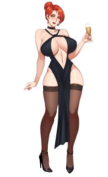 1girl alcohol bare_shoulders black_dress black_footwear breasts champagne champagne_flute choker cleavage cocktail_dress cup curvy dress drinking_glass earrings full_body gxtsjs hair_bun halter_dress halterneck high_heels highres holding holding_cup hoop_earrings huge_breasts jewelry large_breasts lipstick looking_at_viewer makeup mature_female mole mole_under_eye navel parted_lips pelvic_curtain plunging_neckline red_hair red_lips simple_background single_hair_bun solo standing stiletto_heels thighhighs transparent_background white_background wine_glass yellow_eyes