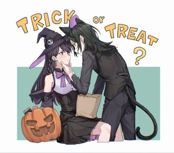 Rule 34 | 2girls, animal ears, bang dream!, bang dream! it's mygo!!!!!, black pants, black shirt, black skirt, black vest, blush, bow, bowtie, braid, breasts, commentary, fake animal ears, fake tail, halloween, hand on another's chin, hat, highres, jack-o'-lantern, joker (jjjokerrr233), medium breasts, mouth hold, multiple girls, panda ornament, pants, parted lips, purple bow, purple bowtie, purple hat, shiina taki, shirt, side braid, skirt, symbol-only commentary, tail, trick or treat, vest, white shirt, witch hat, yahata umiri, yuri