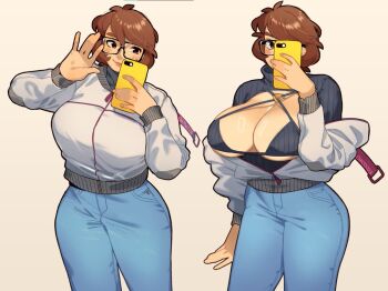 Rule 34 | 1girl, biki knit, bikini, black-framed eyewear, blue pants, breasts, brown eyes, brown hair, cellphone, cleavage, denim, grey bikini, grey sweater, holding, holding phone, jeans, large breasts, long sleeves, looking at phone, looking at viewer, original, pants, phone, ribbed bikini, short hair, simple background, smartphone, smile, snowcie, snowciel (snowcie), standing, sweater, swimsuit, taking picture