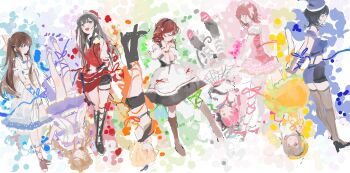 6+girls :d absurdres anata_no_risou_no_heroine asaka_karin bananahaemeog bare_shoulders black_hair black_sailor_collar black_shorts blonde_hair blue_eyes bow brown_hair chase!_(love_live!) closed_eyes colorful_background diamond_(love_live!) dokipipo_emotion dress emma_verde evergreen_(love_live!) freckles grey_eyes hair_bow half_updo highres konoe_kanata long_hair love_live! love_live!_nijigasaki_high_school_idol_club meccha_going!! miniskirt miyashita_ai multiple_girls nakasu_kasumi nemureru_mori_ni_ikitai_na_(love_live!) open_mouth orange_eyes osaka_shizuku parted_lips pink_dress puffy_short_sleeves puffy_sleeves red_vest sailor_collar sailor_shirt shirt short_dress short_shorts short_sleeves shorts skirt smile starlight_(love_live!) tennoji_rina uehara_ayumu vest white_bow white_dress white_shirt white_skirt yellow_dress yuki_setsuna yume_e_no_ippo