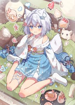 1girl :3 animal animal_ear_fluff animal_ears bare_shoulders blue_eyes blue_hakama blush cake cake_slice closed_mouth commentary_request commission couch cream cup dot_nose double-parted_bangs food fox fox_ears fox_girl fox_tail fruit full_body grey_hair hair_between_eyes hair_intakes hakama hakama_skirt hand_up heart holding holding_food holding_fruit japanese_clothes kimono long_sleeves looking_at_viewer no_shoes original ribbon-trimmed_sleeves ribbon_trim sample_watermark short_hair sitting skeb_commission skirt smile socks solo sparkle strawberry tail tsukumi_bis wariza watermark white_kimono white_socks wide_sleeves