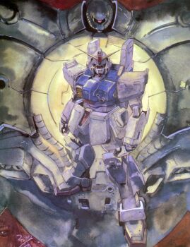 2002 apsalus beam_cannon chest_cannon dated earth_federation ground_gundam gun gundam gundam_08th_ms_team highres looking_at_viewer machine_gun machinery mecha mecha_focus mobile_suit official_art one-eyed painting_(medium) promotional_art realistic robot scan science_fiction traditional_media v-fin watercolor_(medium) weapon yasuhiko_yoshikazu zeon