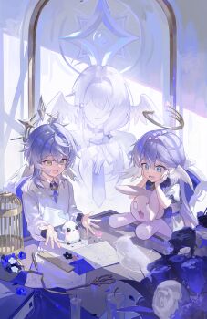 1boy 2girls absurdres aged_down bird birdcage brother_and_sister cage candle chair commentary dress english_commentary flower ghost green_eyes hair_wings halo halo_behind_head hand_on_another&#039;s_shoulder hands_on_own_cheeks hands_on_own_face happy highres honkai:_star_rail honkai_(series) indoors long_sleeves mother_and_daughter mother_and_son multiple_girls on_chair open_mouth origami_bird_(honkai:_star_rail) paper penguinbutler purple_hair robin_(concert_for_two)_(honkai:_star_rail) robin_(honkai:_star_rail) robin_(robird)_(honkai:_star_rail) ruler scissors shirt short_sleeves siblings sitting spiked_halo stuffed_animal stuffed_rabbit stuffed_toy sunday_(concert_for_two)_(honkai:_star_rail) sunday_(honkai:_star_rail) sunday_and_robin&#039;s_mother_(honkai:_star_rail) sweater_vest table teeth upper_teeth_only white_dress white_shirt white_wings wings yellow_eyes