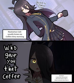 1girl ahoge animal_ears black_coat black_hair black_shirt black_skirt coat coffee_mug collared_shirt commentary cum cup ear_tag earrings english_commentary english_text hair_between_eyes highres holding holding_cup horse_ears horse_girl jewelry long_bangs long_hair long_hair_between_eyes long_sleeves looking_at_viewer manhattan_cafe_(creeping_shadow)_(umamusume) manhattan_cafe_(umamusume) mug multicolored_hair necktie open_mouth pantyhose parted_lips shirt single_earring skirt umamusume watekostile white_hair yandere yellow_eyes yellow_necktie