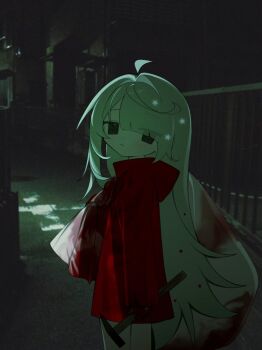 1girl alley blood closed_mouth cowboy_shot hammer highres holding holding_hammer holding_sack jacket long_hair looking_at_viewer night original outdoors photo_background red_jacket sack sakakiai solo standing very_long_hair
