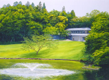 building day forest fountain grass koifumi nature no_humans original outdoors painting_(medium) pond scenery traditional_media tree watercolor_(medium)