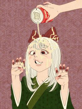 1girl absurdres bow brain_freeze brown_eyes can crossed_eyes fine_art_parody green_kimono hair_bow hands_up highres inkan japanese_clothes kimono liquid nail_polish nihonga open_mouth original parody red_background red_bow red_nails sei5osuzuki short_hair upper_body white_hair