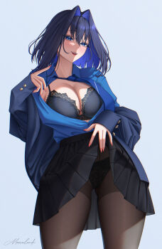 1girl absurdres alternate_costume black_skirt blue_eyes blue_hair bra breasts highres hololive hololive_english jacket lace lace-trimmed_bra lace_trim large_breasts moovalandi ouro_kronii panties pantyhose pleated_skirt shirt short_hair skirt underwear virtual_youtuber