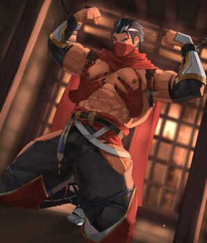 1boy abs armpits bara bellsaltr biceps black_hair blurry blurry_background bulge chain chained chained_wrists disembodied_hand elbow_gloves frown gauntlets gloves hakama highres japanese_clothes kneeling large_pectorals light_particles looking_at_viewer male_focus manly mature_male multicolored_hair muscular muscular_arms muscular_legs muscular_male ninja nipples one_eye_closed original pants pectoral_grab pectorals red_eyes scarf socks solo spiked_hair sweat sweatdrop thick_eyebrows thighs topless_female topless_male veins white_hair