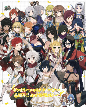 &gt;_&lt; 2boys 6+girls :d ;d absurdres ahoge alternate_costume animal_ears apron arm_up armor bare_shoulders bell_cranel beret black_choker black_dress black_gloves black_hair black_hairband black_hat black_pants black_thighhighs blonde_hair blue_bow blue_bowtie blue_eyes blue_hair blue_hairband blue_kimono blue_sleeves blush bow bow_hairband bowtie braid breastplate breasts brown_dress brown_eyes brown_hair cassandra_ilion character_request cheek_pinching chibi chibi_inset chloe_rollo choker cleavage closed_eyes commentary_request dark-skinned_female dark_skin detached_collar dress dungeon_ni_deai_wo_motomeru_no_wa_machigatteiru_darou_ka earrings elbow_gloves expressionless eyepatch facing_viewer flower giving_food glasses gloves gold_trim green_bow green_eyes green_hair grey_hair grid_background grin hair_bow hair_ornament hair_over_one_eye hairband hat hat_flower hephaistos_(danmachi) hestia_(danmachi) highres holding holding_polearm holding_syringe holding_test_tube holding_weapon japanese_clothes jewelry kimono liliruca_arde looking_at_another looking_at_viewer lunchbox maid_apron multiple_boys multiple_girls naza_erisuis one_eye_closed open_mouth pants pinching pointy_ears polearm ponytail purple_eyes purple_scarf red_bow red_hair rizu033 ryu_lion sanjouno_haruhime scarf simple_background single_glove sleeveless sleeveless_dress sleeveless_kimono smile spear star_(symbol) strapless strapless_dress sweatdrop syringe test_tube thighhighs translation_request twintails v v_over_head weapon welf_crozzo white_background white_dress white_sleeves white_wrist_cuffs wrist_cuffs yamato_mikoto yellow_eyes