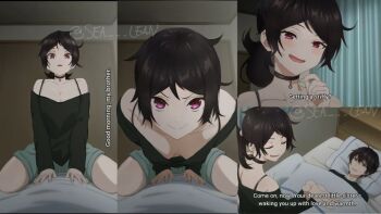 1boy 1girl andrew_graves artist_name ashley_graves bed bedroom black_choker black_hair black_shirt blush brother_and_sister choker clenched_teeth commentary derivative_work downblouse english_commentary english_text good_morning_my_brother_(meme) green_eyes indoors long_sleeves off-shoulder_shirt off_shoulder on_bed pov purple_eyes scene_reference screenshot_redraw sea_lean shirt siblings sitting sitting_on_person teeth the_coffin_of_andy_and_leyley tokidoki_bosotto_roshia-go_de_dereru_tonari_no_alya-san under_covers watermark