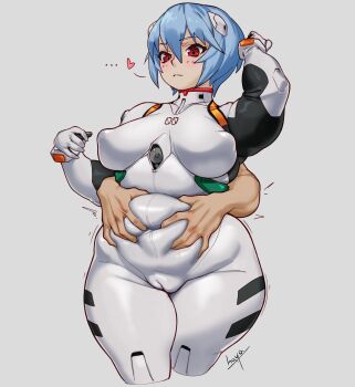 ... 1girl absurdres ayanami_rei belly_grab blue_hair breasts closed_mouth commentary cropped_legs english_commentary hayabusart heart highres looking_at_viewer neon_genesis_evangelion plump red_eyes short_hair simple_background standing stomach