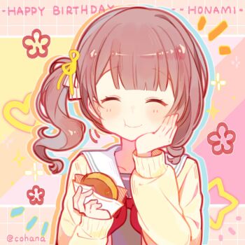 1girl :t ^_^ blunt_bangs brown_background brown_hair cardigan character_name closed_eyes closed_mouth cohana commentary_request eating facing_viewer food grey_shirt grid_background hair_ribbon hand_on_own_cheek hand_on_own_face hands_up happy_birthday holding holding_food letterboxed long_sleeves medium_hair miyamasuzaka_girls&#039;_academy_school_uniform mochizuki_honami neckerchief notice_lines open_cardigan open_clothes outline outside_border project_sekai puffy_long_sleeves puffy_sleeves raised_eyebrows red_neckerchief ribbon sailor_collar school_uniform shirt side_ponytail simple_background single_sidelock smile solo sparkle star_(symbol) upper_body white_outline white_sailor_collar yellow_cardigan yellow_ribbon