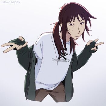 Rule 34 | 1girl, absurdres, artist name, brown eyes, brown hair, brown pants, commentary, cowboy shot, cropped legs, double v, freckles, green hoodie, hair tie, highres, hitsuji (hitsujigoods), hood, hoodie, kara eklund, low twintails, original, pants, radiohead (band), shirt, signature, solo, t-shirt, twintails, v, white shirt