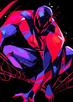 1boy absurdres animal_print arm_blade black_background blue_bodysuit bodysuit claws commentary english_commentary glitch highres male_focus marvel mask multicolored_bodysuit muscular muscular_male pectorals red_bodysuit silk skin_tight solo spider-man:_across_the_spider-verse spider-man_(2099) spider-man_(series) spider-verse spider_web squatting stitchedspider superhero_costume two-tone_bodysuit unfinished weapon