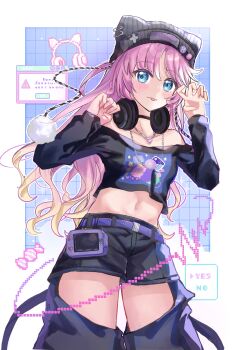 1girl :3 :p absurdres anyoji_hime bare_shoulders beanie black_hat black_shirt black_shorts blonde_hair chain chain_necklace claw_pose closed_mouth collarbone commentary cowboy_shot crop_top cropped_shirt dialogue_options gradient_hair handheld_game_console hat headphones headphones_around_neck heart heart_necklace highres jewelry link!_like!_love_live! looking_at_viewer love_live! midriff multicolored_hair navel necklace nyao_signyal off-shoulder_shirt off_shoulder official_alternate_costume pink_hair shirt shorts smile solo standing takiaseee tongue tongue_out virtual_youtuber window_(computing)