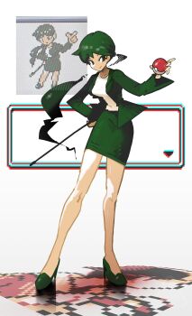 1boy 1girl backwards_hat baseball_cap breasts closed_mouth ethan_(pokemon) game_screenshot_inset green_eyes green_jacket green_skirt hat highres holding holding_pointer holding_poke_ball jacket long_hair long_sleeves looking_at_viewer medium_breasts nintendo open_clothes open_jacket pointer poke_ball pokemon pokemon_gsc red_jacket screenshot_inset shakeeeeeeeee shirt skirt smile sprite teacher_(pokemon) white_shirt