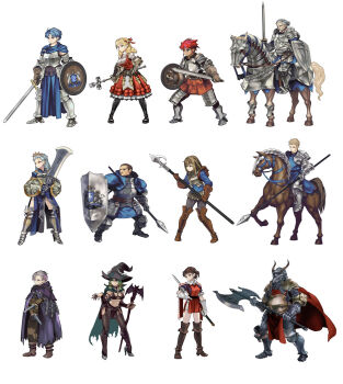 5girls 6+boys alain_(unicorn_overlord) armor blonde_hair blue_eyes blue_hair breasts chloe_(unicorn_overlord) cloak dress drill_hair fake_horns fighting_stance green_cloak green_eyes green_hair hat highres holding holding_staff horned_headwear horns ilenia_(unicorn_overlord) josef_(unicorn_overlord) large_breasts lex_(unicorn_overlord) long_hair melisandre_(unicorn_overlord) multiple_boys multiple_girls nail_polish navel noma_takafumi official_art pixel_art red_dress rolf_(unicorn_overlord) scarlett_(unicorn_overlord) short_hair skirt sprite sprite_art sprite_sheet staff thighhighs travis_(unicorn_overlord) unicorn_overlord white_background witch_hat yahna_(unicorn_overlord)