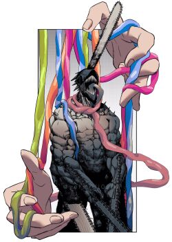 1boy chainsaw chainsaw_devil chainsaw_man disembodied_hand extra_arms highres horns hybrid open_mouth organs scarf sharp_teeth shinoda_giri simple_background solo teeth tongue tongue_out twitter_username white_background
