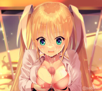 1boy 1girl aqua_eyes blonde_hair blurry blurry_background blush bra breasts censored classroom cleavage commentary_request commission cum cum_on_body cum_on_breasts cum_on_upper_body downturned_eyes dress_shirt dusk eyes_visible_through_hair facial fang grabbing_own_breast hair_between_eyes hair_ribbon hetero indoors large_breasts light_particles little_busters! long_hair long_sleeves looking_down mosaic_censoring open_clothes open_mouth open_shirt paizuri penis pink_bra ribbon sabi_(sabilder) shirt sidelighting skeb_commission solo_focus straight_hair teeth tokido_saya twitter_username two_side_up underwear upper_body upper_teeth_only variant_set very_long_hair white_ribbon white_shirt