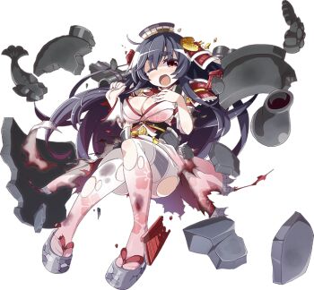 1girl ;o akaneya black_hair breasts cleavage detached_sleeves female_focus full_body hair_ornament hand_on_own_chest large_breasts long_hair looking_at_viewer morioka_(oshiro_project) official_art okobo one_eye_closed oshiro_project:re pantyhose platform_sandals red_eyes sandals shachihoko solo thick_eyebrows torn_clothes torn_pantyhose transparent_background white_pantyhose
