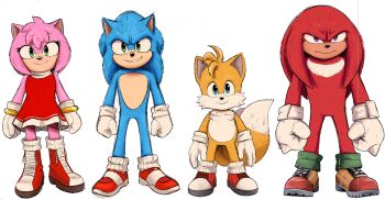 Rule 34 | 1girl, 3boys, age difference, amy rose, blonde hair, blue eyes, blue fur, blue hair, bracelet, dress, echidna boy, full body, gloves, green eyes, hairband, highres, jewelry, justin61894350, knuckles the echidna, long hair, medium hair, multiple boys, multiple tails, paramount pictures, pink fur, pink hair, purple eyes, red fur, red hair, sega, serious, shoes, simple background, size difference, smile, smirk, socks, sonic (live action), sonic (series), sonic the hedgehog, sonic the hedgehog (movie), sonic the hedgehog 2 (movie), sonic the hedgehog 3 (movie), spiked hair, tail, tails (sonic), two tails, white background, yellow fur
