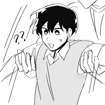 2boys ? ?? areuwuu black_hair collared_shirt double-parted_bangs english_text hair_between_eyes highres kim_dokja lifting_person male_focus multiple_boys oldest_dream omniscient_reader&#039;s_viewpoint out_of_frame secretive_plotter shirt sweatdrop vest yoo_joonghyuk