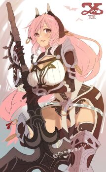 1girl animal_ears armor breasts brown_eyes commentary_request copyright_name cow_ears cow_girl greaves holding holding_weapon large_breasts logo long_hair low-tied_long_hair open_mouth pink_hair raging_bull_(ys) sagara_riri smile solo standing very_long_hair weapon white_background ys ys_ix:_monstrum_nox
