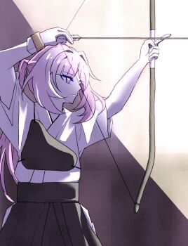 Rule 34 | 1girl, aiming, alternate costume, archery, arrow (projectile), black skirt, blue eyes, bow (weapon), commentary request, drawing bow, elysia (honkai impact), h3 hk, highres, holding, holding bow (weapon), holding weapon, honkai (series), honkai impact 3rd, kyuudou, long hair, muneate, pink hair, ponytail, shirt, skirt, solo, very long hair, weapon, white shirt