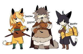 1girl 2boys ahoge animal_ears belt black_eyes black_hair black_pants blush_stickers boots brooch brown_belt brown_boots brown_cape brown_gloves brown_tunic cape capelet cat_boy cat_ears cat_girl cat_tail character_name chinese_commentary closed_eyes commentary_request deformed detached_ahoge facial_mark fangs flat_color full_body fur-trimmed_cape fur_trim gloves graystripe green_boots green_vest grey_hair grey_shirt hay_bale highres holding jewelry long_hair long_sleeves messy_hair multiple_boys open_mouth orange_capelet orange_hair pants personification ponytail ravenpaw rehtaef sandstorm_(warrior_cats) scabbard sheath shirt short_eyebrows short_hair sidelocks simple_background standing sweatdrop sword tail the_prophecies_begin tunic vest warrior_cats weapon whisker_markings white_background white_shirt yellow_pants