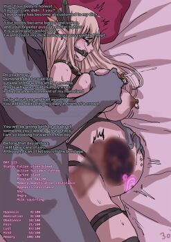 1boy 1girl bdsm bit_gag blonde_hair bondage bondage_harness bound breasts collar crying dark_areolae dark_nipples elf english_text feather_hair_ornament gag gagged glowing glowing_tattoo grabbing_another's_breast grabbing_from_behind groping hair_ornament harness hetero highres interspecies lactation large_breasts legs_together long_hair long_pointy_ears magic milk mind_break mind_control navel_piercing nipple_piercing nipple_rings nipples nude original piercing pointy_ears pregnant pubic_tattoo rape see-through_clothes sex sex_from_behind slave solinda_(yakou) spooning stats tattoo translated vaginal x-ray yakou_(4507770)