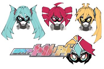 3girls akita_neru blonde_hair blue_eyes blue_hair close-up drill_hair hatsune_miku highres kamen_rider kamen_rider_ex-aid_(series) kasane_teto logo long_hair multiple_girls red_eyes red_hair saikekuu side_ponytail twin_drills twintails vocaloid yellow_eyes