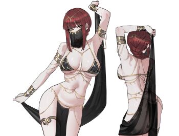 1girl absurdres alternate_costume arm_up armpits ass bare_shoulders belly_chain breasts chainsaw_man dancer earrings highres jewelry large_breasts loincloth long_hair makima_(chainsaw_man) mouth_veil multiple_views navel navel_piercing orange_eyes piercing ratatatat74 red_hair shiny_skin simple_background smile solo veil white_background