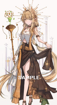 1girl absurdres ambience_synesthesia arknights bare_shoulders blonde_hair breasts brown_skirt chinese_commentary chromatic_aberration closed_mouth commentary_request elf glint gold hair_ornament highres holding holding_staff long_hair long_sleeves muelsyse_(arknights) muelsyse_(golden_reverie)_(arknights) official_alternate_costume pointy_ears sample_watermark shirt single_sleeve skirt small_breasts smile solo staff standing star_(symbol) uroko_(pattern) very_long_hair watermark white_background white_shirt yanyan_blazee yellow_eyes