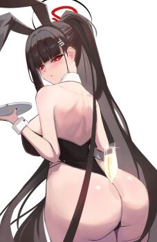1girl absurdres animal_ears ass between_buttocks black_hair black_leotard blue_archive breasts cowboy_shot cup detached_collar fake_animal_ears from_behind hair_ornament hairpin halo highres holding holding_tray kaba_(hama) large_breasts leotard long_hair looking_at_viewer looking_back open_mouth playboy_bunny ponytail rabbit_ears red_eyes rio_(blue_archive) simple_background solo strapless strapless_leotard tray white_background wrist_cuffs