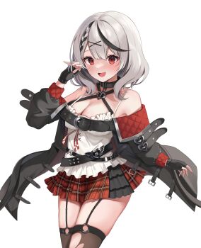 1girl animal_collar belt black_belt black_collar black_garter_straps black_gloves black_jacket black_streaks black_thighhighs braid breasts camisole center-flap_bangs chest_belt cleavage collar commentary_request cowboy_shot double-parted_bangs fingerless_gloves frilled_camisole frills garter_straps gloves grey_hair hair_ornament hairclip hand_up highres hololive jacket large_breasts long_sleeves looking_at_viewer medium_hair miniskirt multicolored_hair multiple_arm_straps multiple_belts o-ring o-ring_thigh_strap off-shoulder_jacket off_shoulder open_clothes open_jacket open_mouth plaid_clothes plaid_skirt pleated_skirt red_eyes red_skirt sakamata_chloe sakamata_chloe_(1st_costume) shinonome_shino_(artist) simple_background skirt smile solo standing streaked_hair studded_belt thigh_strap thighhighs torn_clothes torn_thighhighs virtual_youtuber white_background white_camisole x_hair_ornament