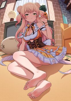 Rule 34 | 1girl, :/, arm support, bare shoulders, barefoot, blonde hair, bottle, bow, bowtie, bracelet, breasts, brick wall, brown bow, brown bowtie, brown corset, cleavage cutout, closed mouth, clothing cutout, commentary request, corset, couch, curtains, cutout above navel, double bun, dress, empty picture frame, feet, flower, foot focus, frilled shirt, frilled skirt, frills, from below, gradient hair, green eyes, hair bun, half-closed eyes, hand up, highres, hololive, indoors, jewelry, large breasts, legs, long hair, looking at viewer, momosuzu nene, momosuzu nene (1st costume), momosuzu nene (seal), multicolored hair, nail polish, nekko (momosuzu nene), on floor, orange bow, orange bowtie, orange dress, orange nails, orange shirt, orange skirt, picture frame, pink hair, rainna, ribbon, rug, shadow, shirt, side up bun, sitting, skirt, soles, solo, stuffed seal, tagme, toes, two-tone bow, two side up, v-shaped eyebrows, vase, very long hair, virtual youtuber, white bow, white flower, window, yokozuwari