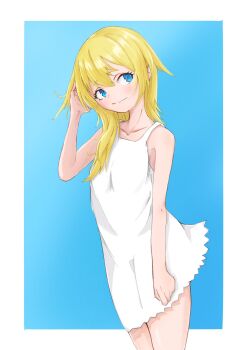 1girl blonde_hair blue_eyes closed_mouth dress highres kingdom_hearts kingdom_hearts_ii looking_at_viewer medium_hair namine short_dress skirt smile solo takashima48 white_dress