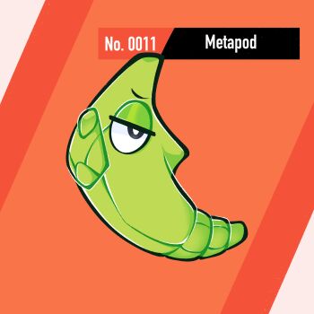 Rule 34 | character name, eggmilky, gen 1 pokemon, highres, metapod, nintendo, no humans, numbered, orange background, pokemon, pokemon (creature), solo, striped background