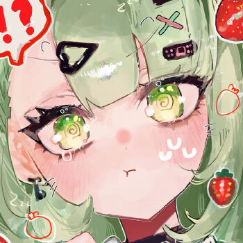 Rule 34 | !?, 1girl, :t, @ @, bandaid, bandaid hair ornament, blush, closed mouth, commentary request, food, fruit, green eyes, green hair, hair ornament, heart, heart hair ornament, highres, looking at viewer, multiple hair clips, pof h0, portrait, pout, solo, spoken interrobang, strawberry, sunna (zenless zone zero), zenless zone zero