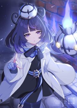 1girl absurdres black_bow black_bowtie black_dress black_hair blue_fire blunt_bangs bow bowtie brick_wall chandelure coat commentary_request dress fire gen_5_pokemon gloves gwynn_(pokemon) hat highres index_finger_raised kanarikaro long_hair looking_up nintendo open_clothes open_coat open_mouth pantyhose partially_fingerless_gloves pokemon pokemon_(creature) pokemon_legends:_z-a purple_eyes watermark white_coat