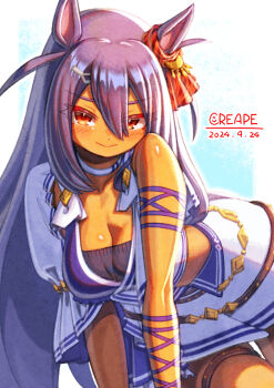 1girl animal_ears bandeau black_hair blue_bandeau blush breasts choker cleavage closed_mouth collarbone commentary_request creape dark-skinned_female dark_skin ear_ornament ear_scrunchie hair_between_eyes hair_ornament hairclip highres hishi_amazon_(azure_amazon)_(umamusume) hishi_amazon_(umamusume) horse_ears horse_girl horse_tail large_breasts long_hair looking_at_viewer red_eyes red_scrunchie scrunchie single_sleeve skirt smile solo striped_clothes striped_scrunchie tail thigh_strap two-tone_bandeau two-tone_shirt two-tone_skirt umamusume very_long_hair white_bandeau white_choker white_skirt