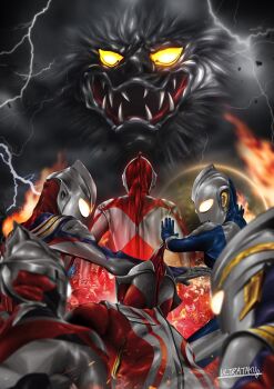 alien armor blue_skin color_timer colored_skin giant glowing glowing_eyes highres kaiju looking_at_viewer multicolored_skin multiple_boys red_skin science_fiction silver_skin standing tokusatsu ultra_series ultraman ultraman_(1st_series) ultraman_cosmos ultraman_cosmos_(luna_mode) ultraman_cosmos_(series) ultraman_mebius ultraman_mebius_(series) ultraman_orb ultraman_orb_(series) ultraman_tiga ultraman_tiga_(multi_type) ultraman_tiga_(series) ultraman_trigger ultraman_trigger_(series) ultrataku yellow_eyes
