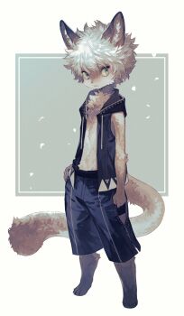 1boy animal_feet aqua_background black_jacket body_fur brown_fur cat_boy claws commentary digitigrade fuji_166 full_body furry furry_male green_eyes grey_fur grey_hair hand_on_own_hip highres jacket looking_at_viewer male_focus original short_hair sleeveless sleeveless_jacket solo standing symbol-only_commentary tail