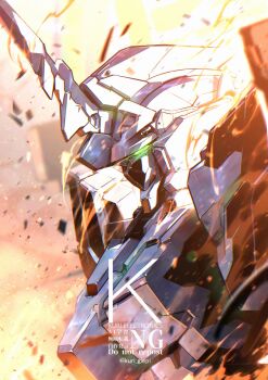 Rule 34 | copyright request, cropped torso, debris, explosion, from side, glowing, glowing eye, highres, horns, kuri giepi, looking to the side, mecha request, mobile suit, no humans, single horn, wind