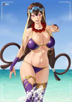 1girl absurdres bare_shoulders beach bead_necklace beads bikini blue_sky blush breasts brown_hair cleavage detached_sleeves earrings fate/grand_order fate_(series) gonoike_biwa hair_between_eyes headpiece highres hoop_earrings jewelry large_breasts long_hair looking_at_viewer navel necklace ocean open_mouth pointing pointing_at_viewer prayer_beads purple_bikini purple_eyes purple_thighhighs recording sky smile solo swimsuit thighhighs thighs viewfinder xuangzang_sanzang_(fate) xuangzang_sanzang_(third_ascension)_(fate)