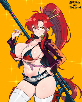 1girl anti-materiel_rifle belt between_breasts bikini bikini_top_only breasts cleavage cowboy_shot cropped_jacket flame_print gun hand_on_own_hip highres jarckius large_breasts long_hair micro_shorts navel red_hair red_nails rifle short_shorts shorts sniper_rifle solo strap_between_breasts strap_pull swimsuit tengen_toppa_gurren_lagann thighhighs very_long_hair weapon white_belt white_thighhighs yellow_background yellow_eyes yoko_littner