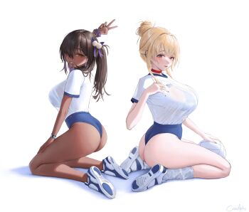 2girls absurdres ass ball black_nails blonde_hair blue_buruma blue_nails blush bra_visible_through_clothes breasts brown_eyes brown_hair buruma choker commentary dark-skinned_female dark_skin dazzling_pearl_(nikke) doctorcroe fingernails goddess_of_victory:_nikke grin gym_shirt gym_uniform hair_bun hair_over_one_eye hair_tie_in_mouth hand_on_own_chest highres kneeling large_breasts long_hair looking_at_viewer mole mole_on_ass mole_under_mouth mouth_hold multiple_girls naga_(nikke) nail_polish one_eye_covered open_mouth ponytail purple_scrunchie red_choker red_eyes scrunchie seiza shirt shoes short_sleeves simple_background single_hair_bun sitting smile sneakers socks tia_(nikke) v volleyball_(object) white_background white_shirt white_socks wrist_scrunchie